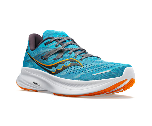 A blue running shoe with gray laces, a white sole, and orange accents.