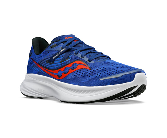 Blue running shoe with white sole and red logo. Text "GUIDESOLE" on side.