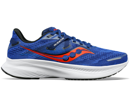 Blue running shoe with red logo and white sole reads "GUIDE15" on the side.