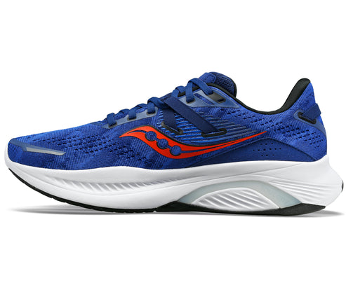 A blue athletic shoe with orange accents, white sole, and black interior.