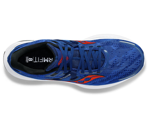 Overhead view of a blue running shoe with red logo, white sole, and blue laces.