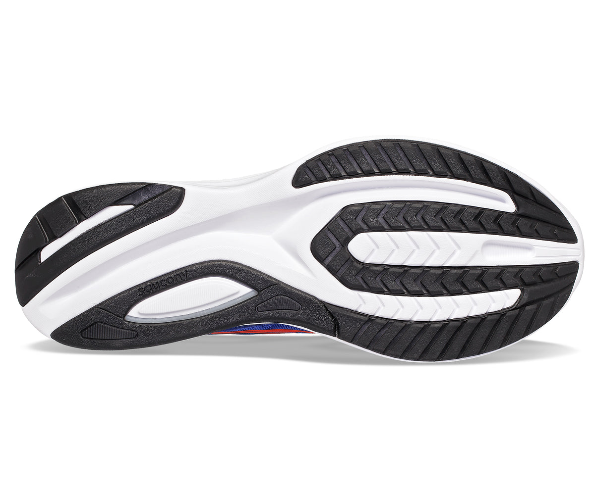 Sole of a running shoe with black tread on a white midsole.