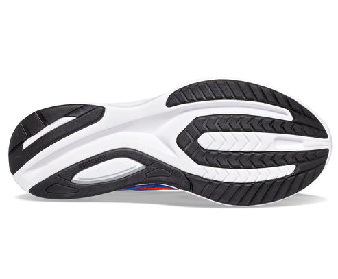 Sole of a running shoe with black tread on a white midsole.