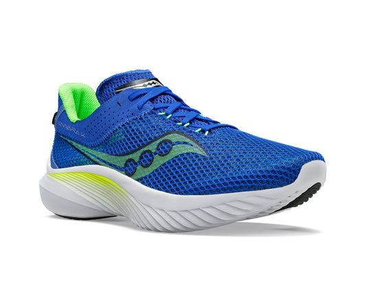 Blue running shoe with a white sole and green accents.