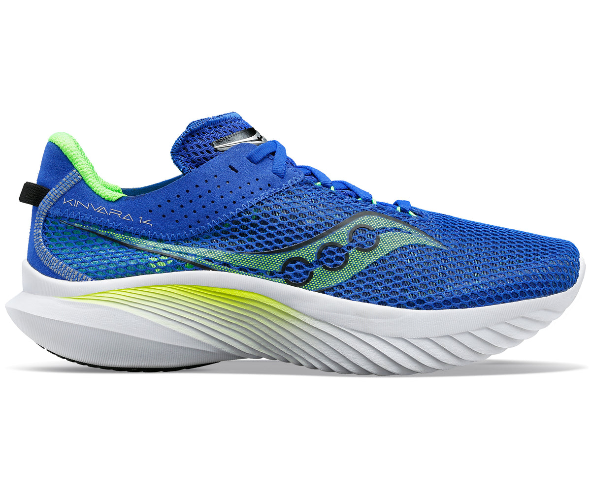 Blue running shoe with green accents and white sole.