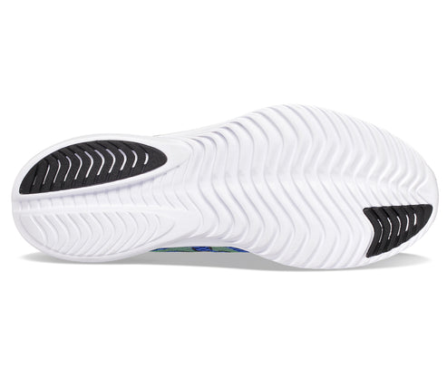 The white sole of a shoe featuring black tread.