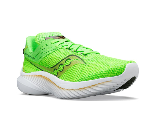 A running shoe with bright green mesh upper, white midsole, and a black and white outsole.