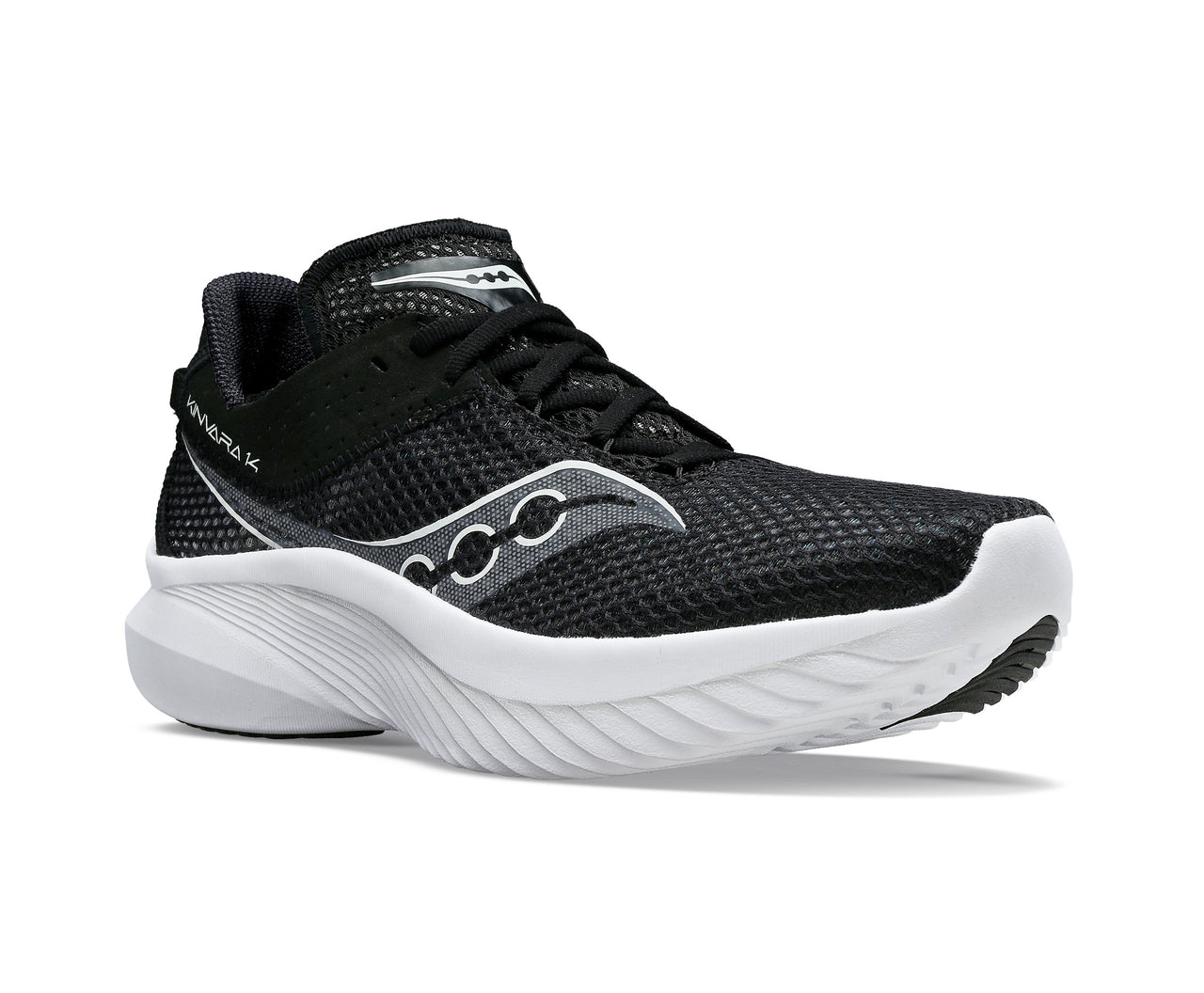 Black running shoe with white accents and sole.