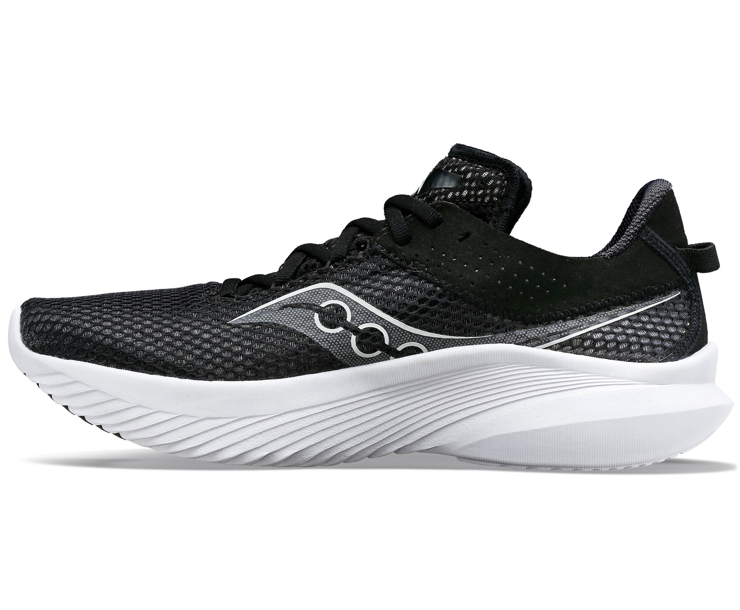 Black running shoe with white sole, side view.