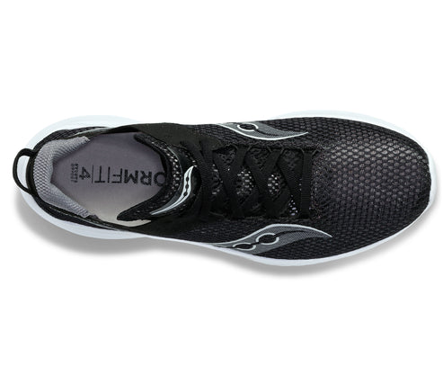Top view of a black athletic shoe with white soles and shoelaces.