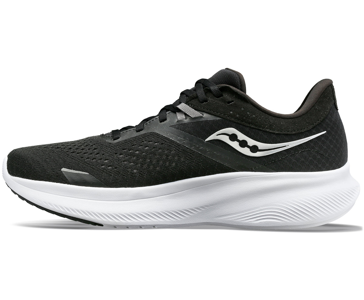 Black running shoe with a white sole and side logo.
