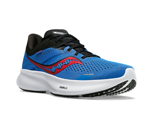 Blue running shoe with red logo and black laces.