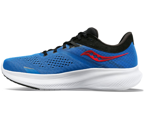 A blue running shoe with a red logo and white sole.