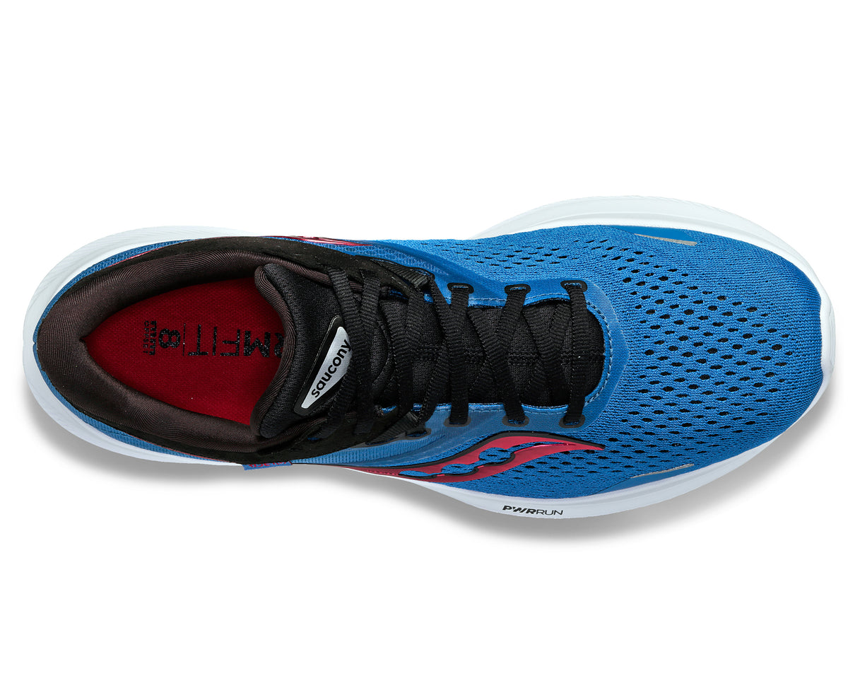 Overhead view of a blue running shoe with black laces and a white sole.