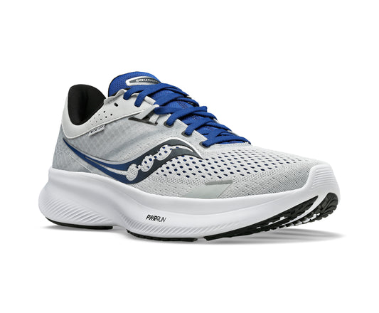 Running shoe with white and gray upper, blue laces and accents, black heel, and thick white sole.