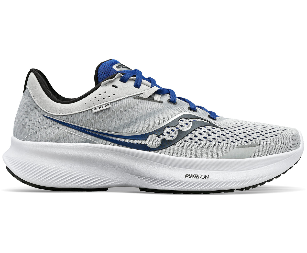 A light gray running shoe with blue accents on the laces and side design, featuring a white sole and black interior lining.
