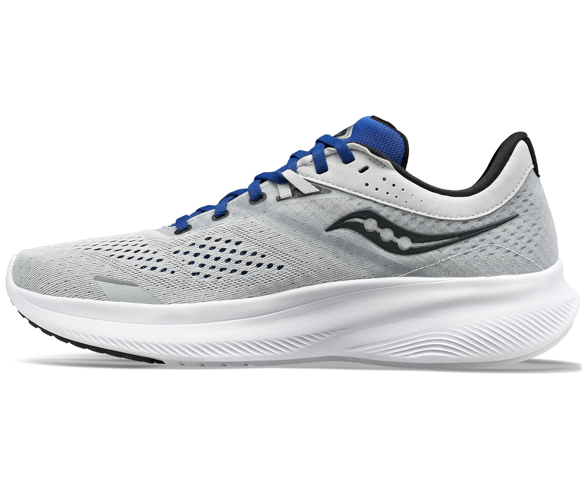 Side view of a gray running shoe with blue laces and a white sole.