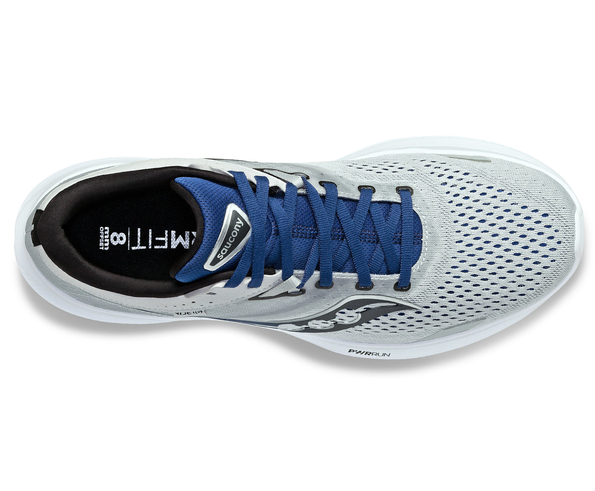 Top view of a gray running shoe with blue laces, featuring a white sole, a black inner lining, and the text "RUNSHIELD" and "PWRRUN" on the side.
