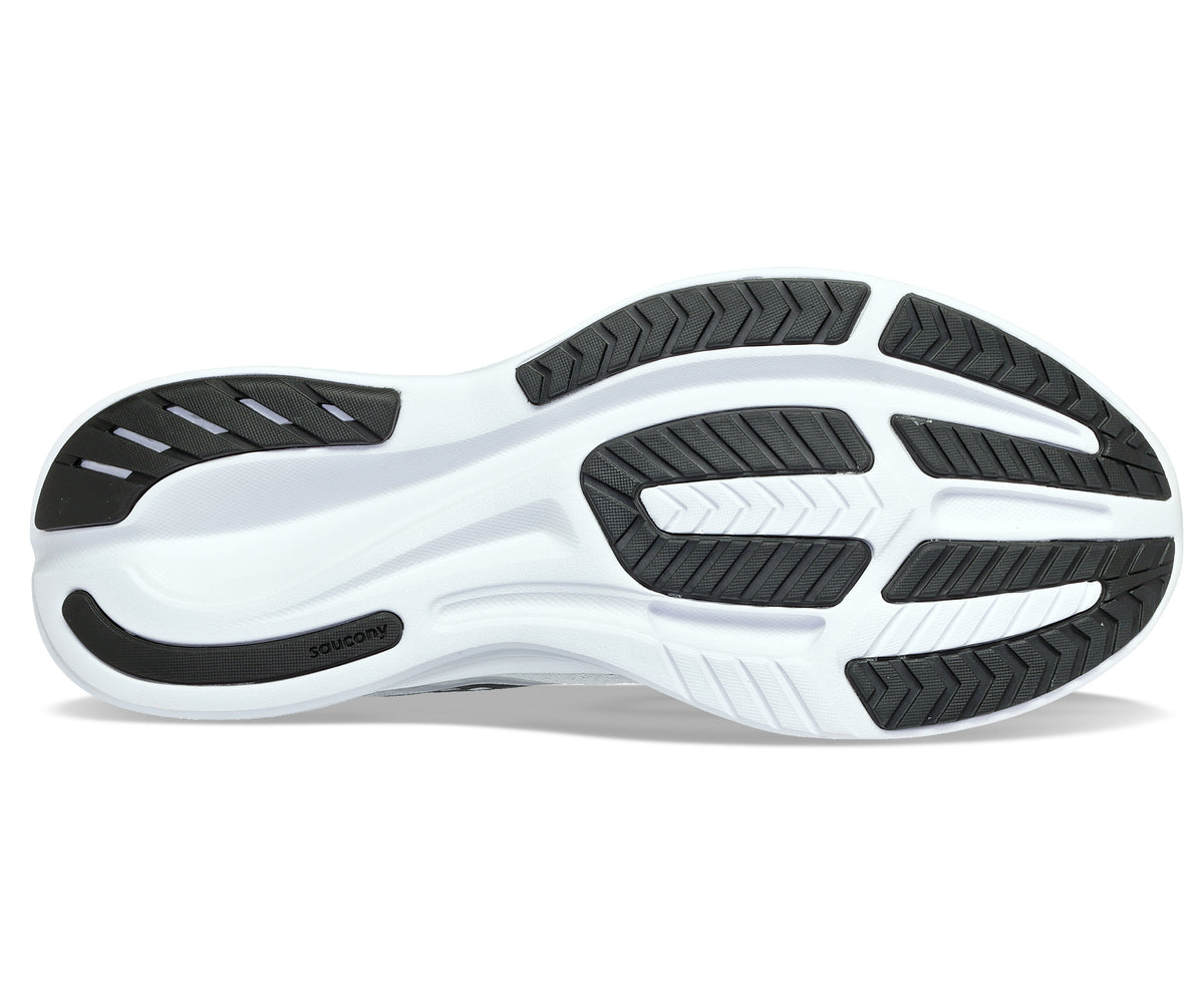 Bottom of a running shoe with white and black tread.