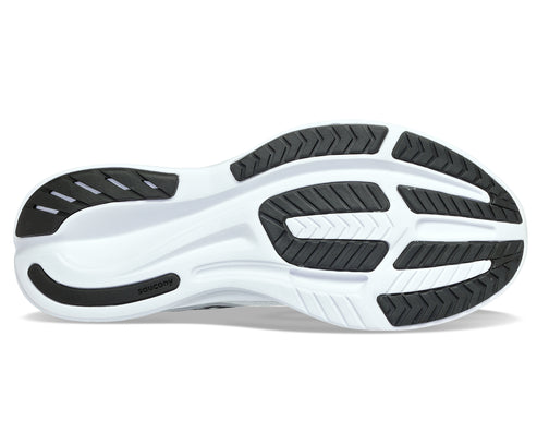 Bottom of a running shoe with white and black tread.