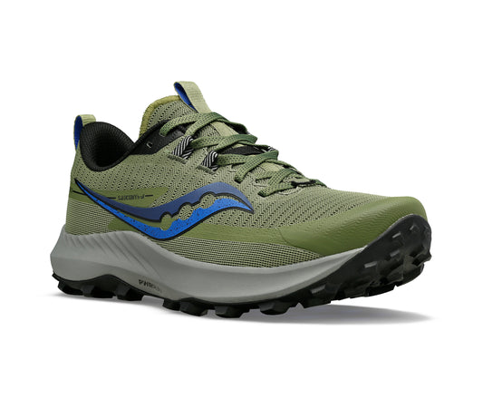 Olive-green running shoe with blue logo on the side and black sole.