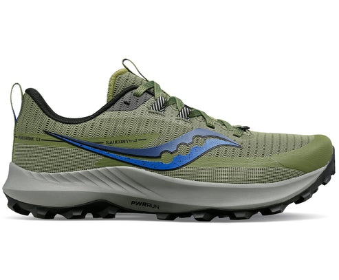 Olive green running shoe with blue logo and black sole.