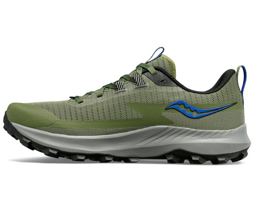 A running shoe, olive green with black sole, blue logo on the side.