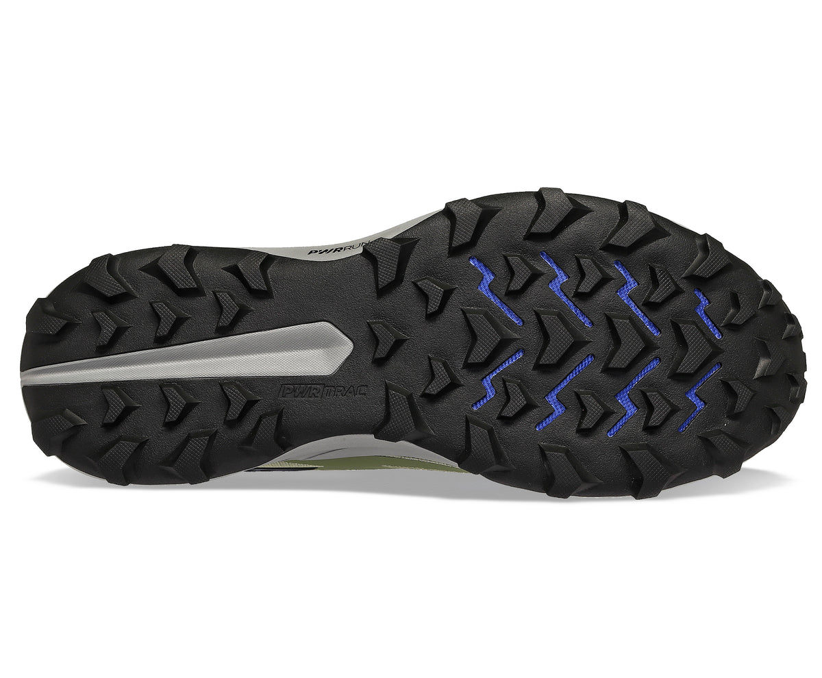 Underside of a trail running shoe with a dark tread pattern.