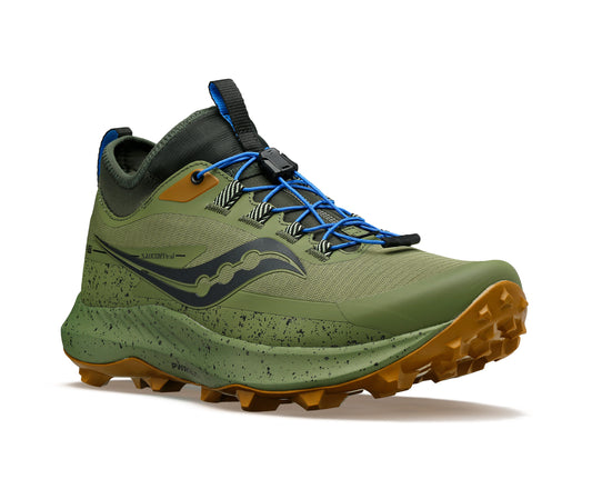 Olive green running shoe with black logo and blue laces.