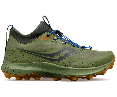 Olive green trail running shoe with blue laces and a brown outsole.