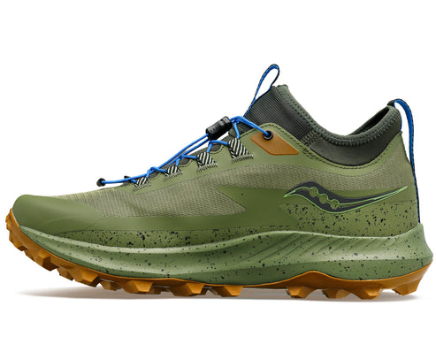 Trail running shoe in olive green with brown rubber outsoles, dark green speckled midsoles, blue laces, and black Saucony logo.