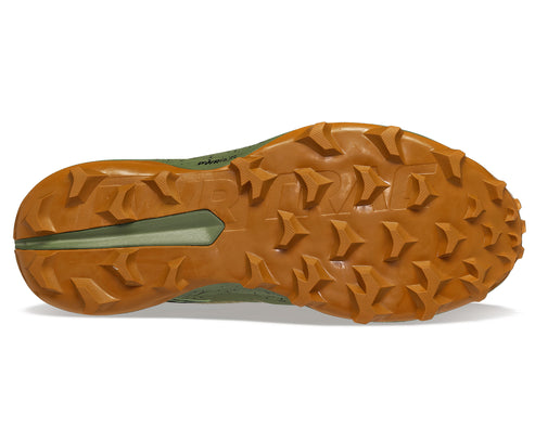 Trail shoe orange lug outsole.