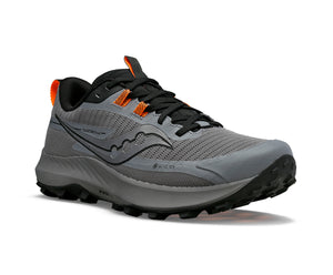 Gray running shoe with black soles and orange accents.