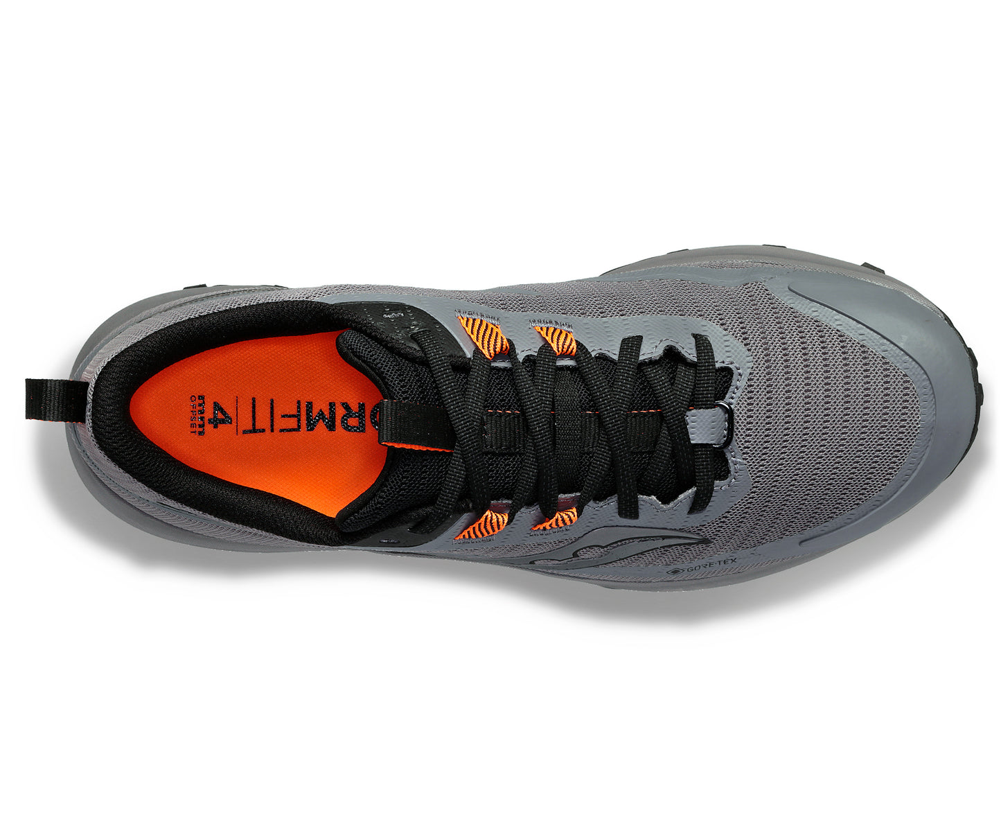 Top view of a gray running shoe with black laces and orange accents.