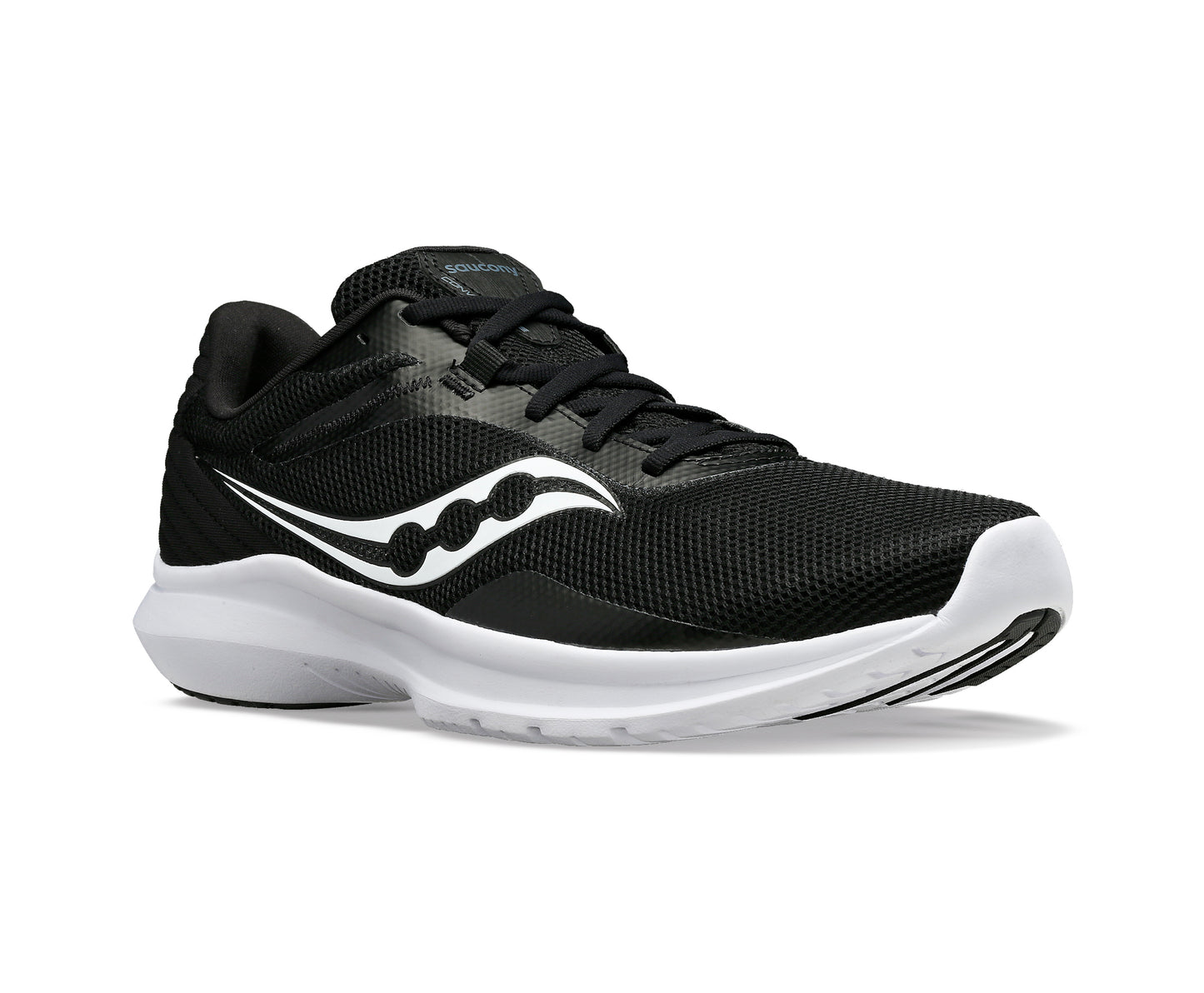 Black running shoe with white sole and logo.