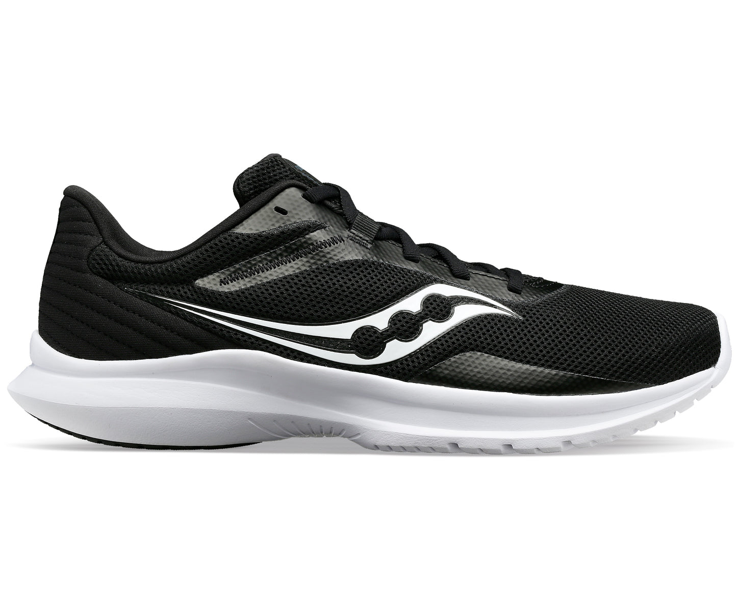 Black running shoe with white sole and logo.