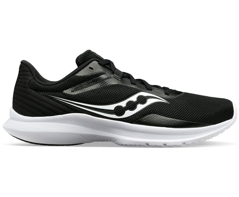 Black running shoe with white sole and logo.