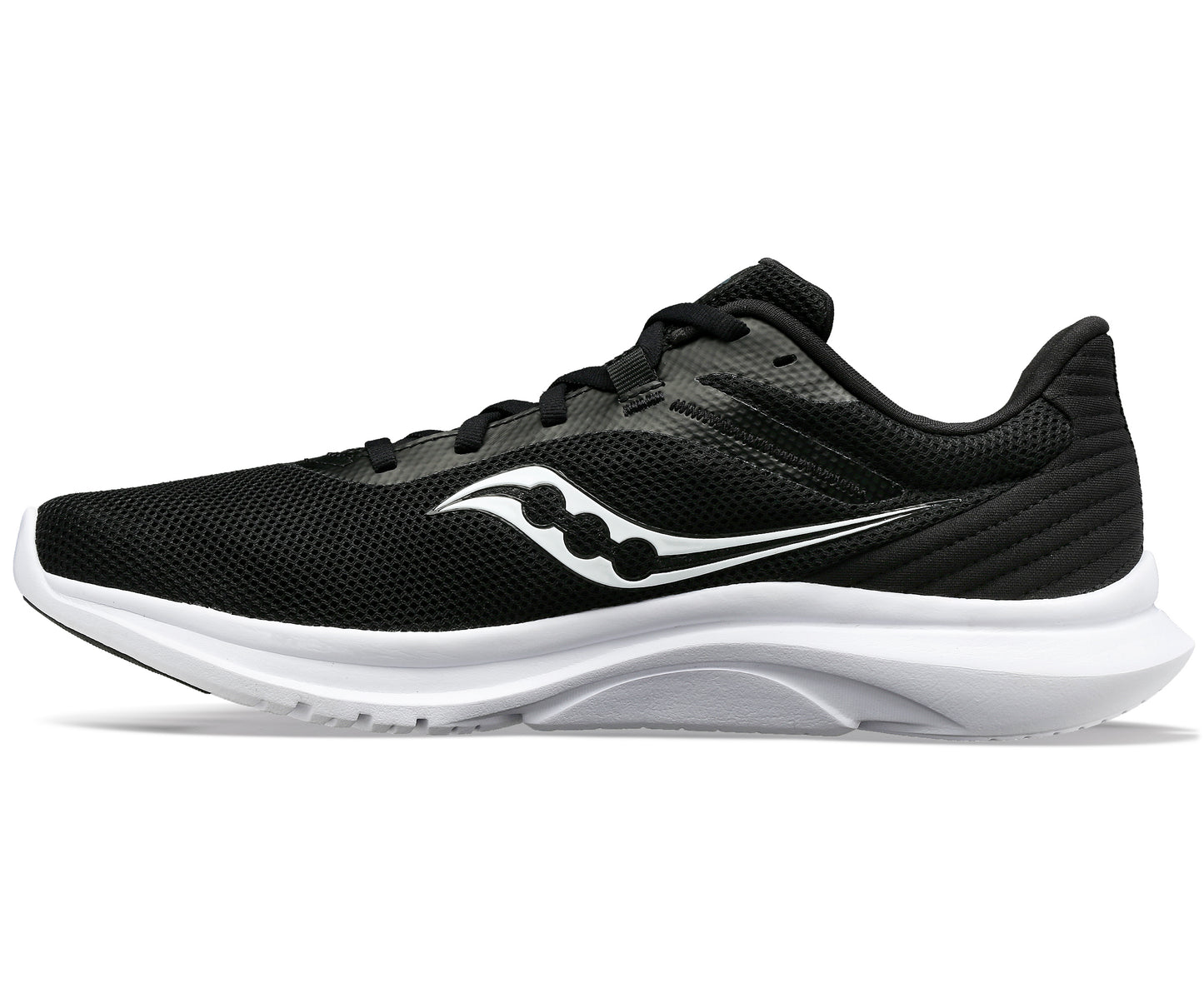 Black running shoe with white sole and logo.