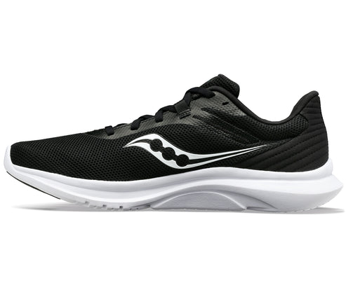 Black running shoe with white sole and logo.