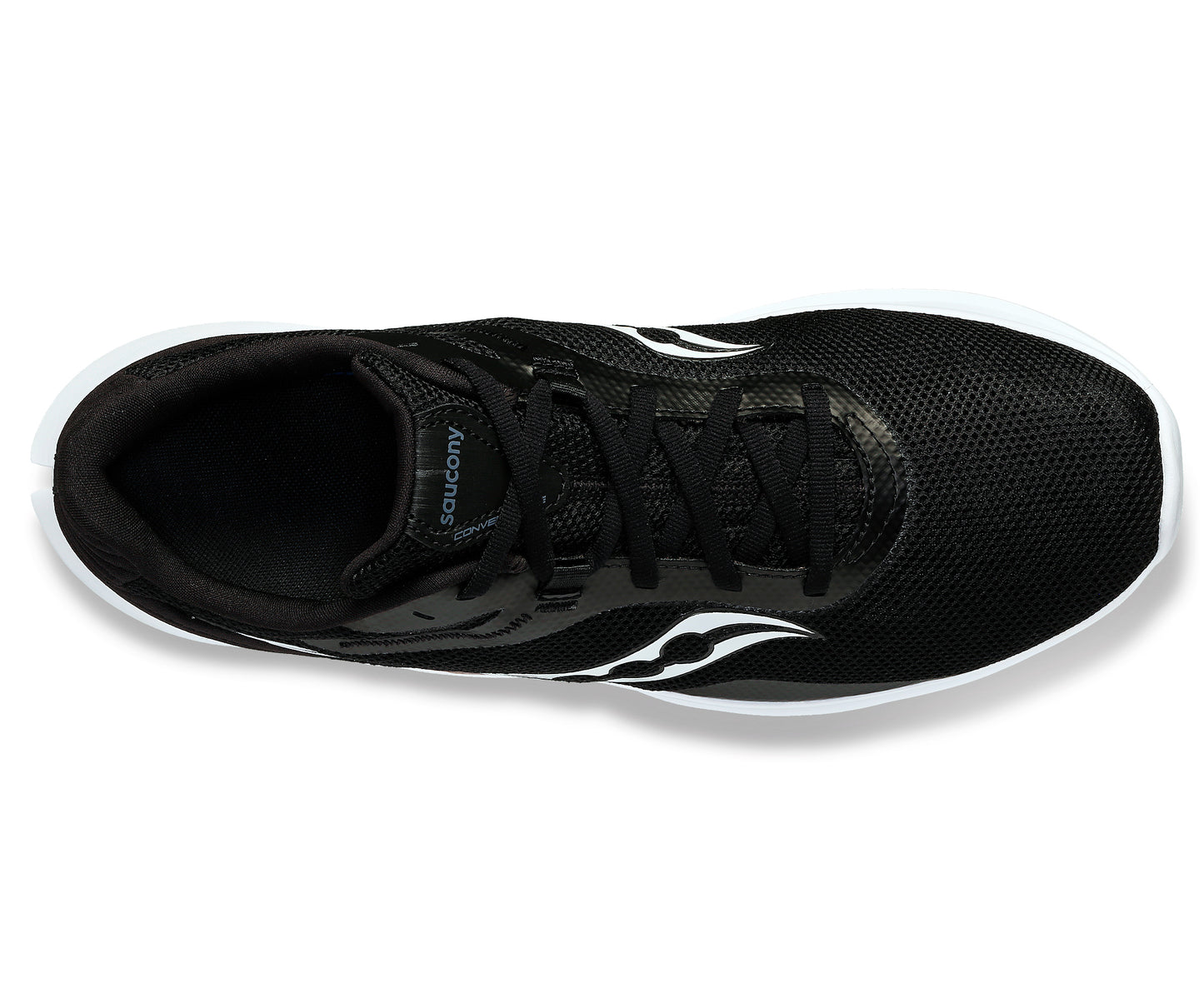 Top view of a black running shoe with white accents.