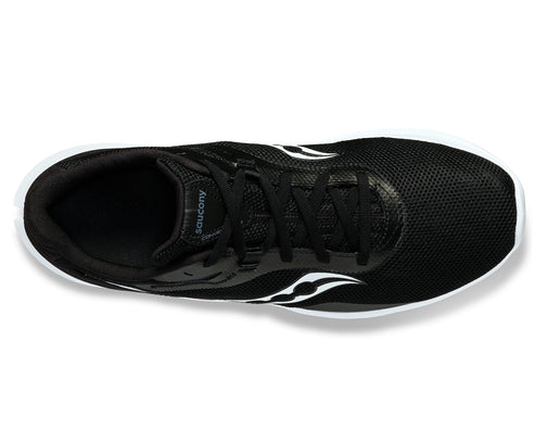 Top view of a black running shoe with white accents.
