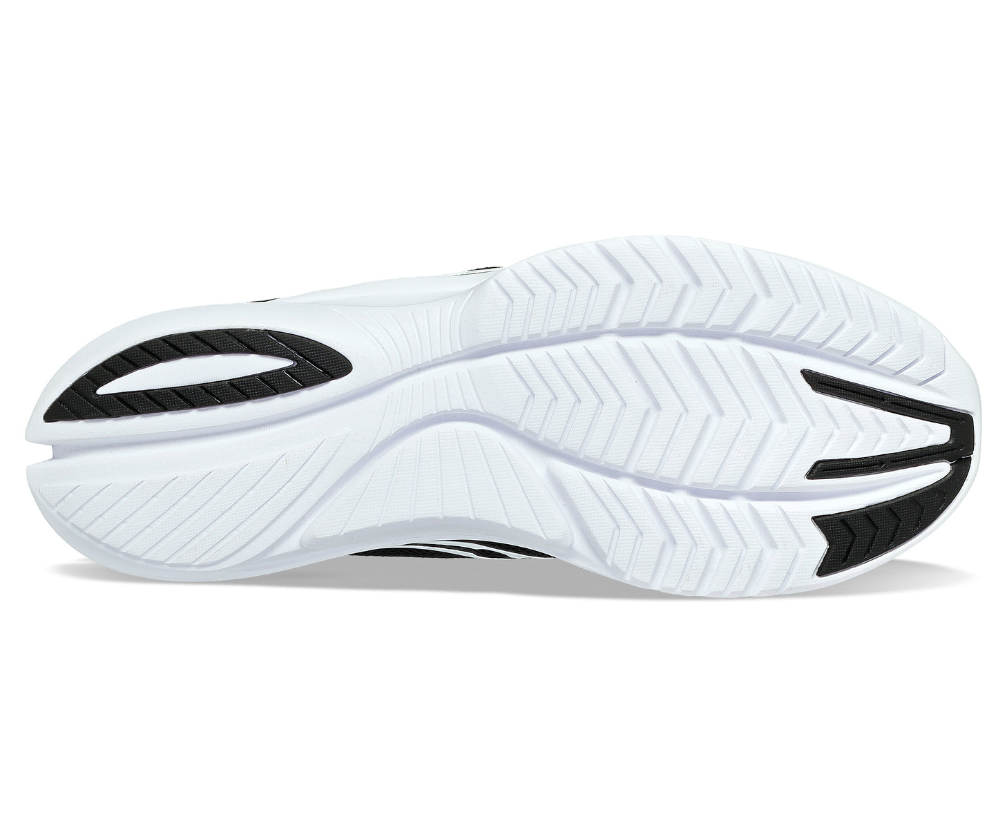 Sole of a white running shoe with black tread patterns.