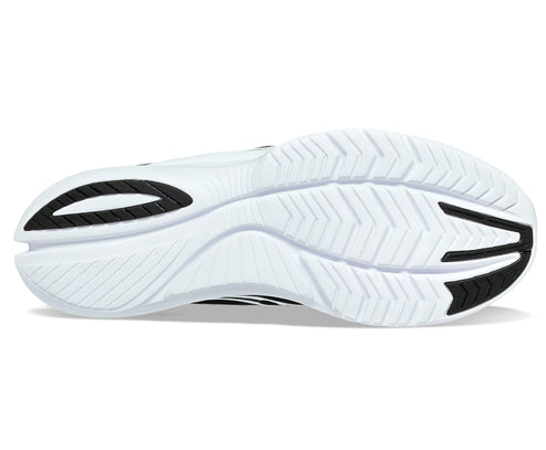 Sole of a white running shoe with black tread patterns.