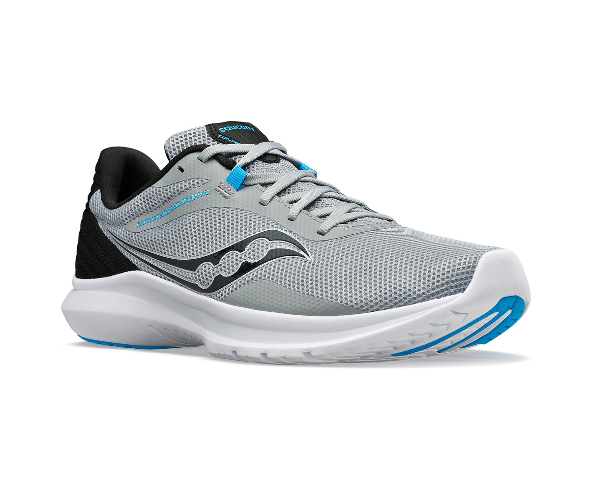 Grey running shoe with black accents and a white sole.