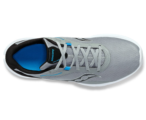 Grey running shoe with black and blue accents, laces, and white sole viewed from above.