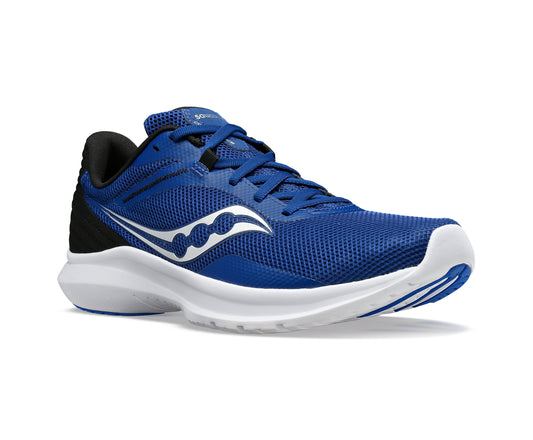 Blue running shoe with white wave logo and white sole.