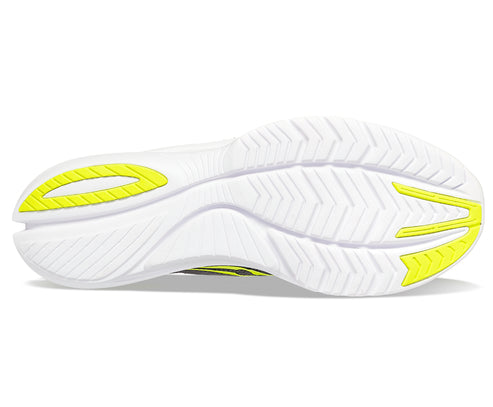 Bottom view of a running shoe with a white sole and yellow accent features.
