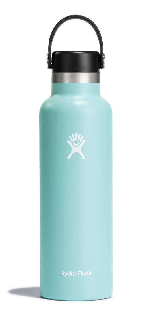 A light-blue Hydro Flask water bottle with a black lid and handle.