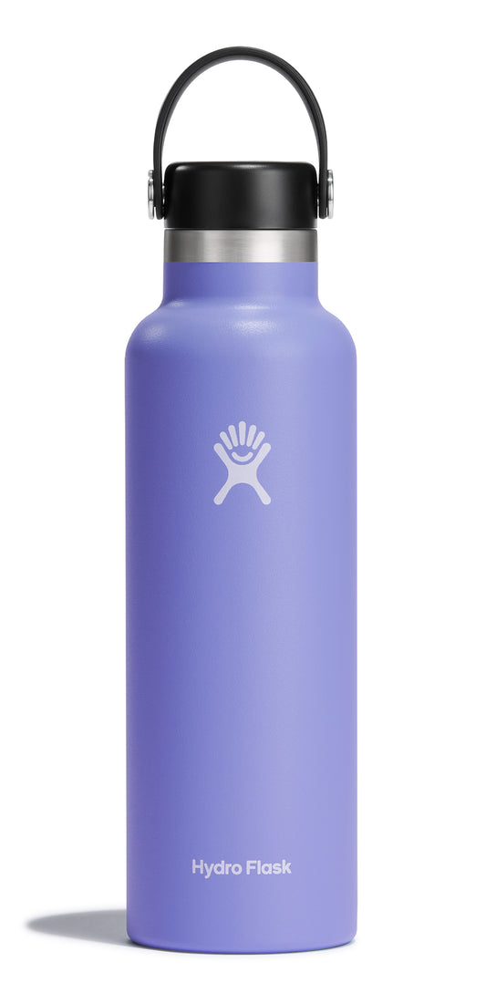 A purple Hydro Flask water bottle with a black lid and handle.
