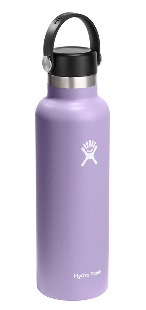 Lavender water bottle with a handle.